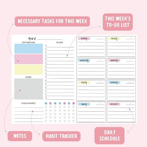 مفكرة مخططة أسبوعية 52 ورقة - 11.2 × 8.26 بوصة لوحة قائمة مهام أسبوعية غير مؤرخة مع الأولويات والملاحظات ومتتبع العادات، منظم جدول التمزيق، ورق ناعم سميك، مثالية للعمل والمدرسة والمنزل in Kuwait