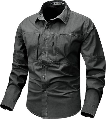 Eisctnd Men's Long Sleeve Tactical Work Shirts, Outdoor Casual Button Down Shirt with Zipper Pockets for Hiking, Safari in Kuwait