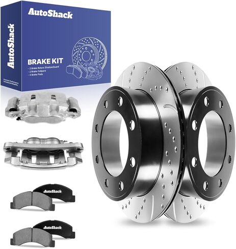 AutoShack Front Vented Drilled & Slotted E-Coated Brake Rotors + Ceramic Pads + Calipers 8-PC Brake Kit Replacement for 2000-2005 Ford Excursion ShadowGuard 13.02" (330.7 mm) in Saudi Arabia