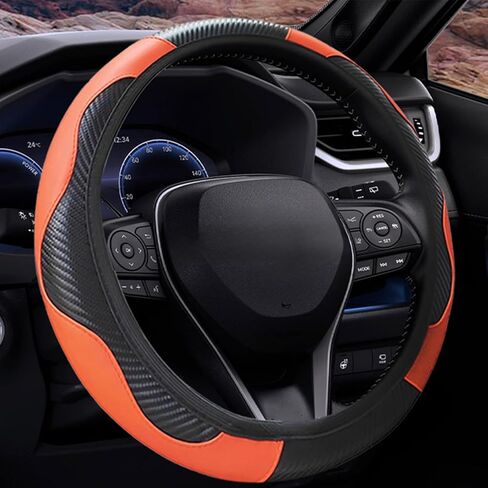 Elastic Carbon Fiber Leather Steering Wheel Cover – Universal Non-Slip Car Wheel Cover fit All Models 14.5-15 Inch, Stretchable Non-Slip Grip, Easy to Install,fit Cars,Trucks,and SUV in Saudi Arabia
