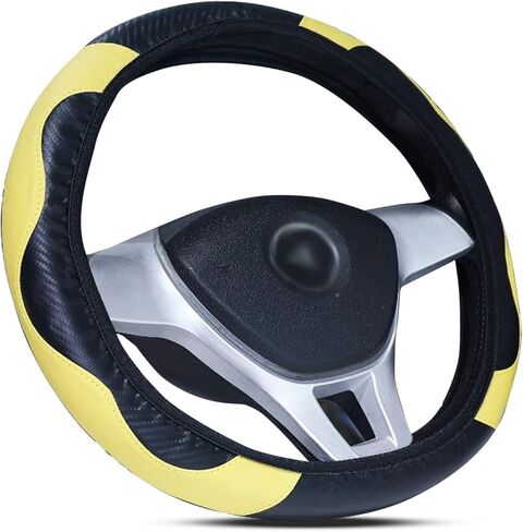 Elastic Carbon Fiber Leather Steering Wheel Cover – Universal Non-Slip Car Wheel Cover fit All Models 14.5-15 Inch, Stretchable Non-Slip Grip, Easy to Install,fit Cars,Trucks,and SUV in Saudi Arabia