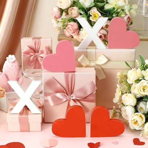 Wenqik 6 Pieces Valentines Day Decor Glitter Heart Shaped Lips Wooden Signs Valentine's Day Table Decor Heart Centerpieces Pink Red White Hearts and Lips for Wedding Anniversary Home in Kuwait