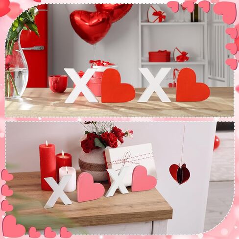 Wenqik 6 Pieces Valentines Day Decor Glitter Heart Shaped Lips Wooden Signs Valentine's Day Table Decor Heart Centerpieces Pink Red White Hearts and Lips for Wedding Anniversary Home in Kuwait