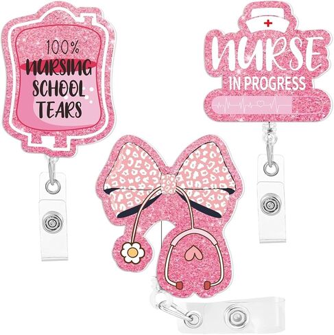 Funny Nurse in Progress Badge Reel - 3Pcs Motivational Work Badge Holder with Retractable Clip,Pediatric Badge Buddy, RN LPN CNA Nursing Student Medical Worker Teacher ID Name Badge Clip (Pink) in Saudi Arabia