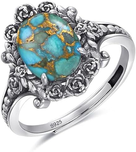 Sterling Silver Ring for Women, Romantic Oxidized Flowers with Oval Turquoise, Bohemian Hippie Adjustable Ring Size 5-9 in Kuwait