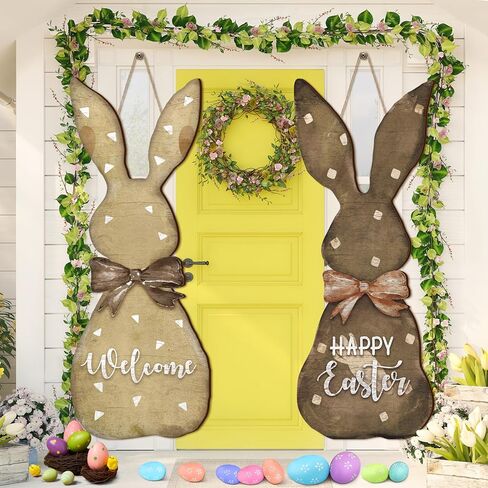 2 Pcs Large Easter Bunny Door Sign Vintage Easter Door Hanger Decor 27.56 x 11.81 Inches Retro Bunny Wreath for Front Rabbit Hanging Porch Sign for Home Indoor Outdoor Decor in Saudi Arabia