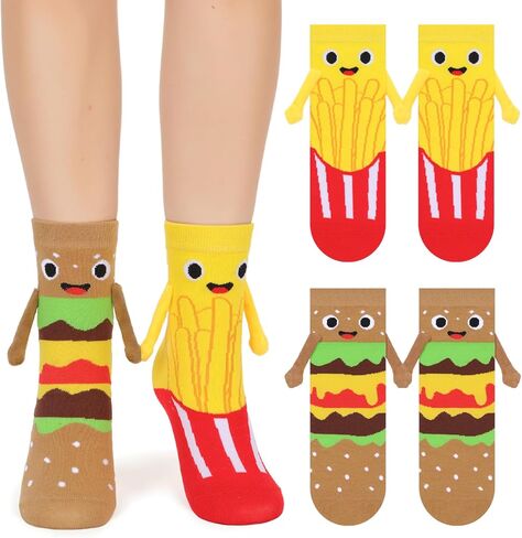 2 Pairs Magnetic Holding Hands Food Socks, Funny Burger Fries Food Socks That Hold Hands, Gifts for Foodie Men Women in Kuwait
