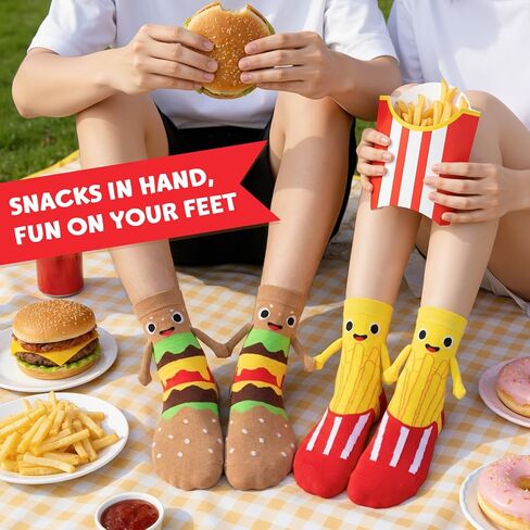 2 Pairs Magnetic Holding Hands Food Socks, Funny Burger Fries Food Socks That Hold Hands, Gifts for Foodie Men Women in Kuwait
