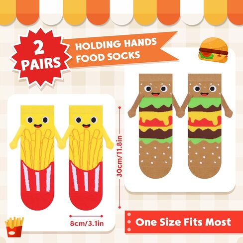 2 Pairs Magnetic Holding Hands Food Socks, Funny Burger Fries Food Socks That Hold Hands, Gifts for Foodie Men Women in Kuwait