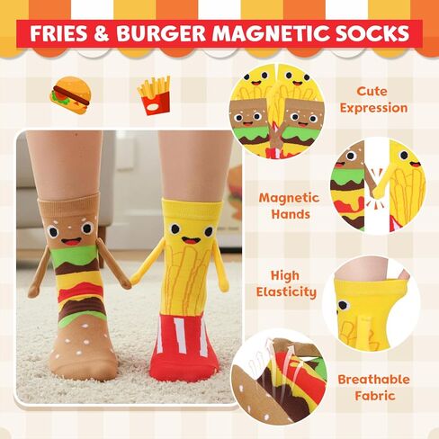 2 Pairs Magnetic Holding Hands Food Socks, Funny Burger Fries Food Socks That Hold Hands, Gifts for Foodie Men Women in Kuwait