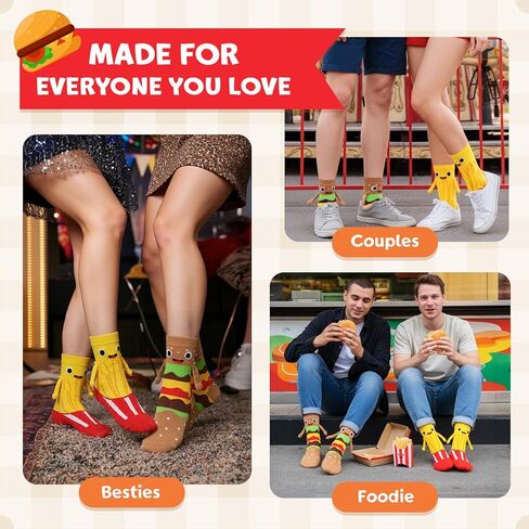 2 Pairs Magnetic Holding Hands Food Socks, Funny Burger Fries Food Socks That Hold Hands, Gifts for Foodie Men Women in Kuwait