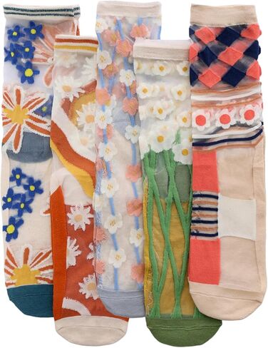 5 Pack Womens Sheer Socks Summer Thin Mesh Lace Transparent Vintage Flower Elastic Jacquard Crystal Glass Socks for Women in Kuwait