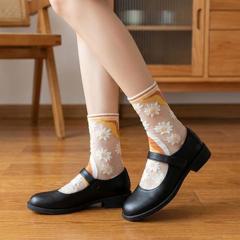 5 Pack Womens Sheer Socks Summer Thin Mesh Lace Transparent Vintage Flower Elastic Jacquard Crystal Glass Socks for Women in Kuwait