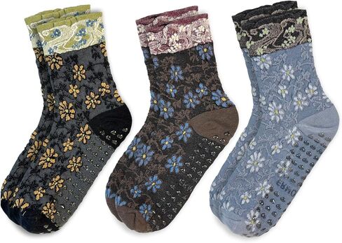 3 Pairs Pilates Grip Ankle Socks for Women – Cute Floral Embroidered Yoga Socks, Non Slip Barre Grip Socks in Saudi Arabia