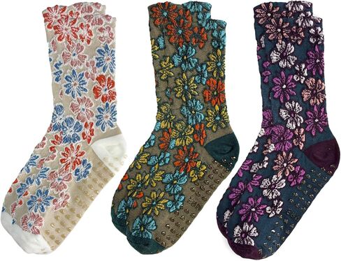 3 Pairs Pilates Grip Ankle Socks for Women – Cute Floral Embroidered Yoga Socks, Non Slip Barre Grip Socks in Saudi Arabia