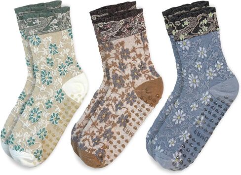 3 Pairs Pilates Grip Ankle Socks for Women – Cute Floral Embroidered Yoga Socks, Non Slip Barre Grip Socks in Saudi Arabia