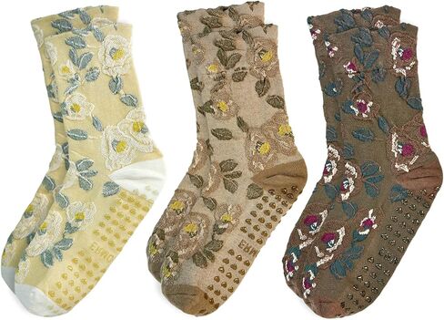 3 Pairs Pilates Grip Ankle Socks for Women – Cute Floral Embroidered Yoga Socks, Non Slip Barre Grip Socks in Saudi Arabia