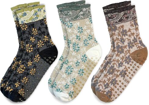 3 Pairs Pilates Grip Ankle Socks for Women – Cute Floral Embroidered Yoga Socks, Non Slip Barre Grip Socks in Saudi Arabia