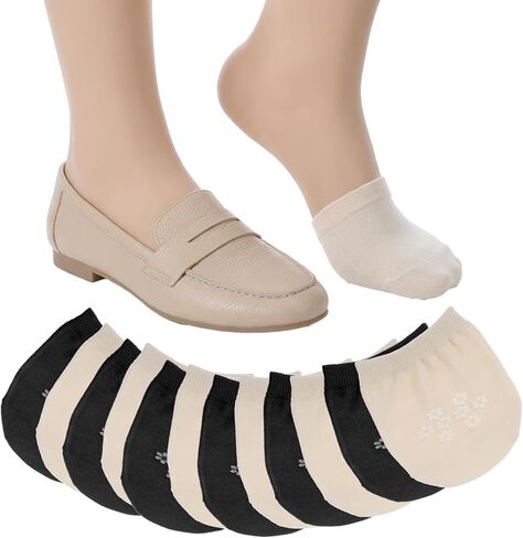 Larrel 6 Pairs Women's Toe Socks for Mules, Toe Topper Cover Socks, No Show Toe-Covers, Slip-On Toes Toppers Liners, Half Sock for Clog, Flats, High Heels, Sandal and Slippers (Black, Beige) in Kuwait