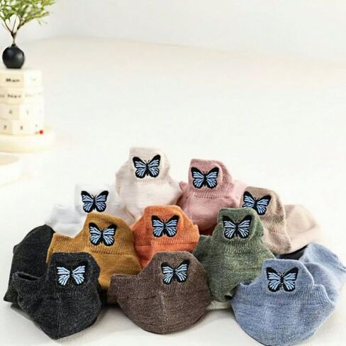 10 Pairs of Embroidered Ankle Socks with Butterfly Design - Breathable, Sweat Absorbent, Simple and Comfortable Low-cut Socks, Machine Washable, Cute Sock in Saudi Arabia
