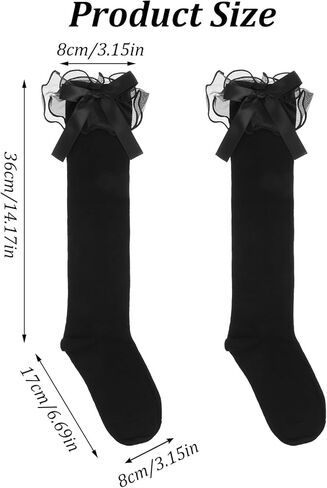 قطعتان من الجوارب السوداء للركبة مع زخرفة على شكل فيونكة، جوارب أنيقة فوق الساق للفتيات والنساء، جوارب دانتيل مكشكشة للمدرسة، والحفلات، والارتداء اليومي in Kuwait