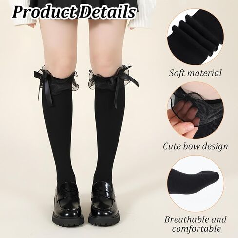 قطعتان من الجوارب السوداء للركبة مع زخرفة على شكل فيونكة، جوارب أنيقة فوق الساق للفتيات والنساء، جوارب دانتيل مكشكشة للمدرسة، والحفلات، والارتداء اليومي in Kuwait