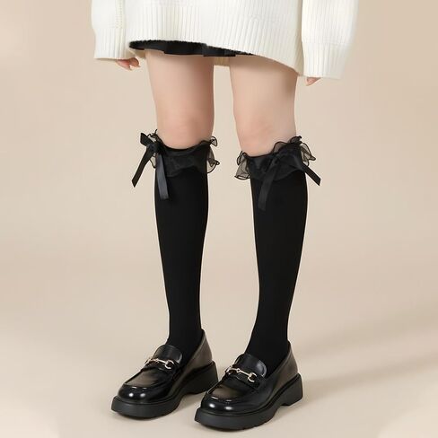 قطعتان من الجوارب السوداء للركبة مع زخرفة على شكل فيونكة، جوارب أنيقة فوق الساق للفتيات والنساء، جوارب دانتيل مكشكشة للمدرسة، والحفلات، والارتداء اليومي in Kuwait