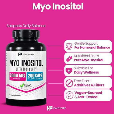 Myo Inositol 2600mg | 200 Capsules | Ultra Strength | Healthy Ovarian Support for Women | Vitamin B8 | Made in The USA in Kuwait