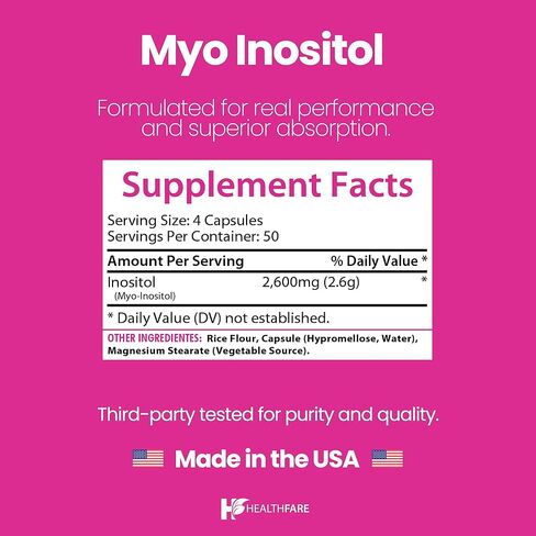 Myo Inositol 2600mg | 200 Capsules | Ultra Strength | Healthy Ovarian Support for Women | Vitamin B8 | Made in The USA in Kuwait