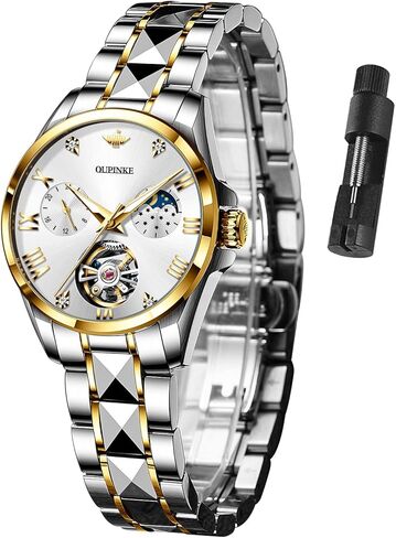 ساعات OUPINKE النسائية أوتوماتيكية فاخرة من الذهب الوردي، ساعات ميكانيكية بمرحلة القمر من الفولاذ التنغستن والكريستال الهيكل العظمي مقاومة للماء، ساعة نسائية مضيئة... in Kuwait