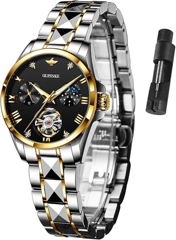 OUPINKE Womens Watches Automatic Luxury Rose Gold Watches Mechanical Moon Phase Tungsten Steel Crystal Skeleton Waterproof Luminous Women Watch… in Kuwait