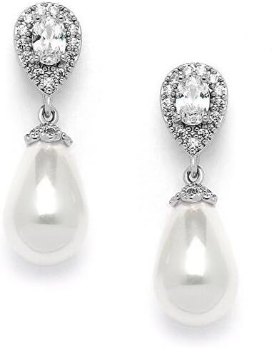 Mariell Pearl Bridal Wedding Clip-On Earrings for Bride, Pearl and CZ Non-Pierced Drop Bridal Earring in Kuwait