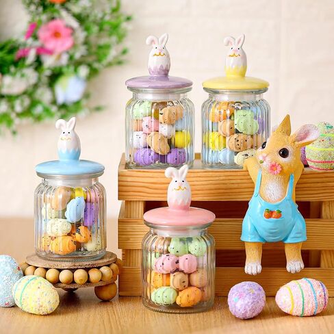 Nitial 4 Pcs Easter Glass Jar with Cap Bunny Ear Egg Clear Candy Jar Decorative Food Storage Canister with Airtight Ceramic Lid for Eater Party Tea Cookie Table Decoration (22 oz,Wooden Rabbit) in Saudi Arabia