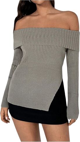 MakeMeChic Women's Off The Shoulder Long Sleeve Sweater Rib Knit Split Slim Fitted Y2K Pullovers in Saudi Arabia