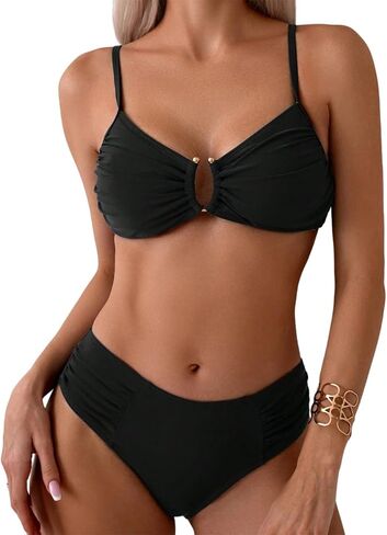 Tainehs Two Piece Swimsuits for Women Bikini Sets Ruched V Neck Mid Rise Back Hook Bathing Suit in Kuwait