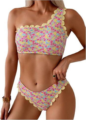 SOLY HUX Women's Floral Bikini Set One Shoulder Scallop Bathing Suit Boho Beach Vacation Two Piece Swimsuit in Saudi Arabia