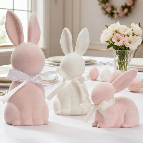 WDS WONDROUS Easter Decorations Bunny Figurines Set of 3, Flocked Rabbit Statues with Bows, Pink & White Resin Spring Home Decor for Tabletop Shelf Mantel Farmhouse Easter Decor Gifts in Saudi Arabia