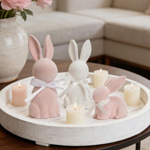WDS WONDROUS Easter Decorations Bunny Figurines Set of 3, Flocked Rabbit Statues with Bows, Pink & White Resin Spring Home Decor for Tabletop Shelf Mantel Farmhouse Easter Decor Gifts in Saudi Arabia