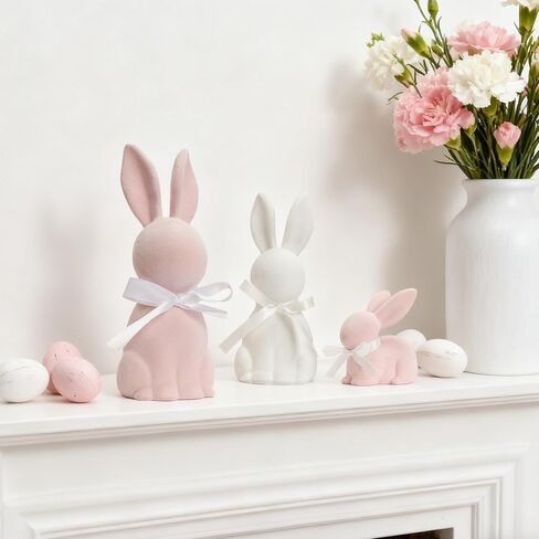 WDS WONDROUS Easter Decorations Bunny Figurines Set of 3, Flocked Rabbit Statues with Bows, Pink & White Resin Spring Home Decor for Tabletop Shelf Mantel Farmhouse Easter Decor Gifts in Saudi Arabia