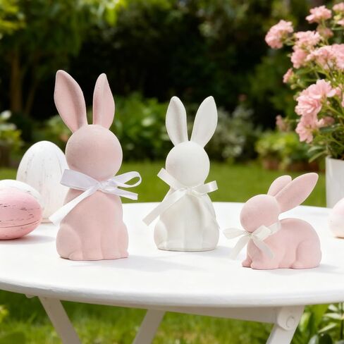 WDS WONDROUS Easter Decorations Bunny Figurines Set of 3, Flocked Rabbit Statues with Bows, Pink & White Resin Spring Home Decor for Tabletop Shelf Mantel Farmhouse Easter Decor Gifts in Saudi Arabia
