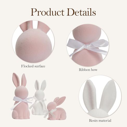WDS WONDROUS Easter Decorations Bunny Figurines Set of 3, Flocked Rabbit Statues with Bows, Pink & White Resin Spring Home Decor for Tabletop Shelf Mantel Farmhouse Easter Decor Gifts in Saudi Arabia
