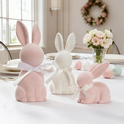 WDS WONDROUS Easter Decorations Bunny Figurines Set of 3, Flocked Rabbit Statues with Bows, Pink & White Resin Spring Home Decor for Tabletop Shelf Mantel Farmhouse Easter Decor Gifts in Saudi Arabia