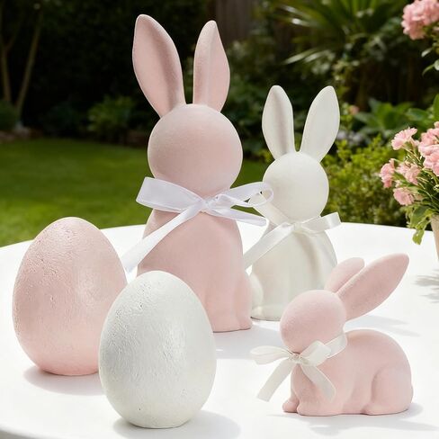 WDS WONDROUS Easter Decorations Bunny Figurines Set of 3, Flocked Rabbit Statues with Bows, Pink & White Resin Spring Home Decor for Tabletop Shelf Mantel Farmhouse Easter Decor Gifts in Saudi Arabia