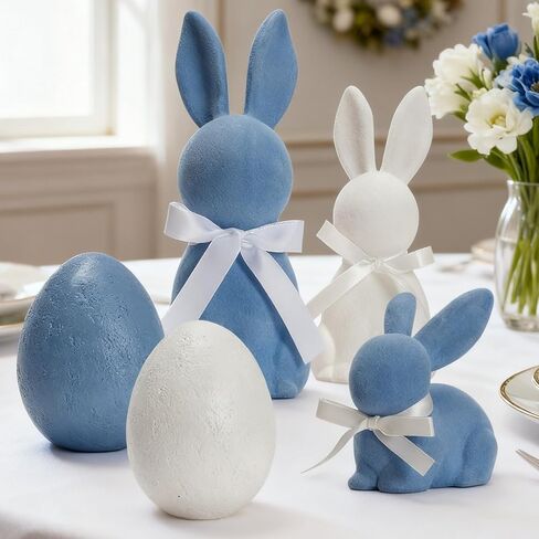 WDS WONDROUS Easter Decorations Bunny Figurines Set of 3, Flocked Rabbit Statues with Bows, Pink & White Resin Spring Home Decor for Tabletop Shelf Mantel Farmhouse Easter Decor Gifts in Saudi Arabia