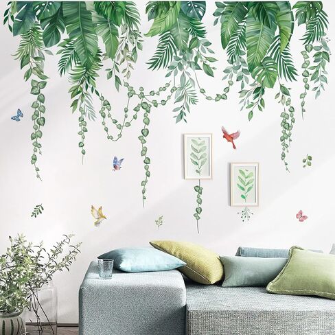 wondever Green Tropical Leaves Wall Stickers Hanging Vines Palm Leaf Plants Peel and Stick Wall Art Decals for Bedroom Living Room Sofa in Kuwait