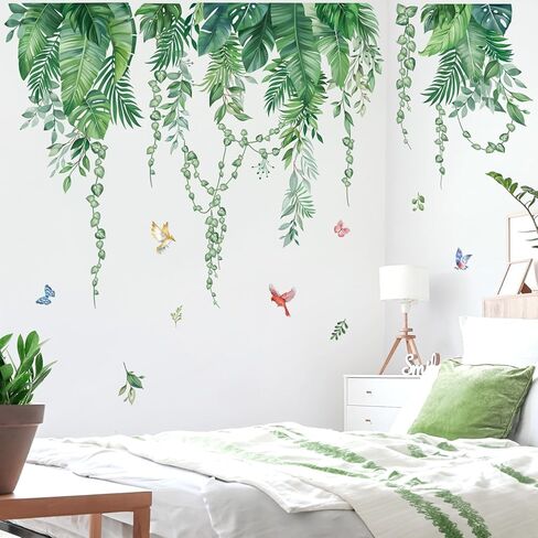 wondever Green Tropical Leaves Wall Stickers Hanging Vines Palm Leaf Plants Peel and Stick Wall Art Decals for Bedroom Living Room Sofa in Kuwait