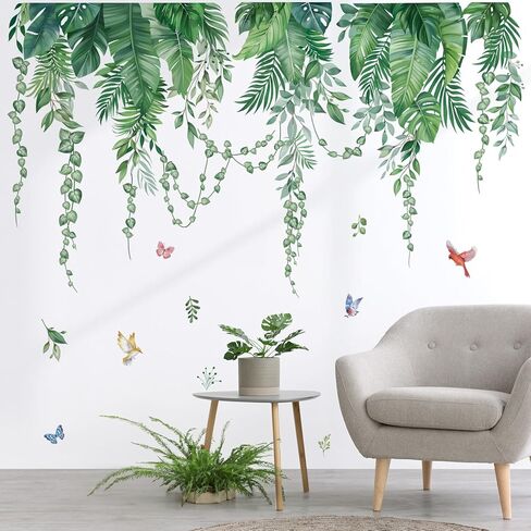 wondever Green Tropical Leaves Wall Stickers Hanging Vines Palm Leaf Plants Peel and Stick Wall Art Decals for Bedroom Living Room Sofa in Kuwait
