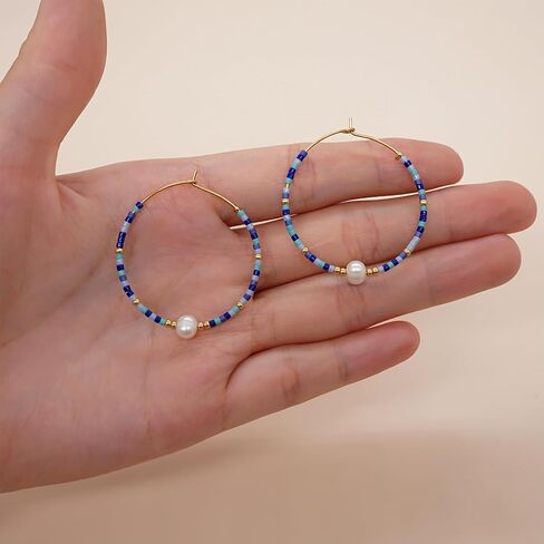 Seed Beaded Pearl Gold Hoop Earrings for Women, Boho Handmade Statement Colorful Beads Circle Earing Summer Beach Jewelry Gift. in Saudi Arabia