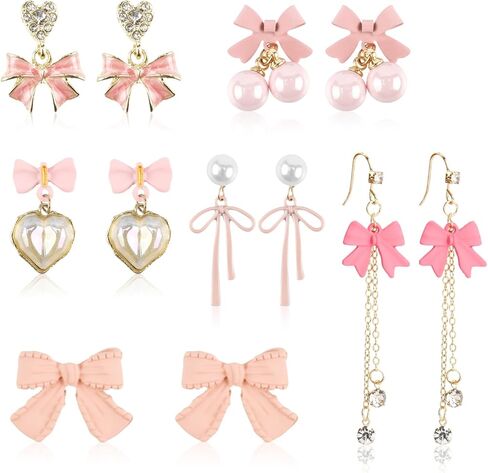 6 أزواج من الأقراط الوردية للنساء، مجموعة أقراط متدلية من حجر الراين الوردي الفاتح واللؤلؤ، أقراط فيونكة أنيقة ولطيفة، هدايا عيد الحب للنساء in Kuwait