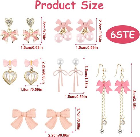 6 أزواج من الأقراط الوردية للنساء، مجموعة أقراط متدلية من حجر الراين الوردي الفاتح واللؤلؤ، أقراط فيونكة أنيقة ولطيفة، هدايا عيد الحب للنساء in Kuwait